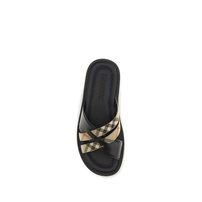Burberry Black Calf Leather Bos Taurus Flat Sandals