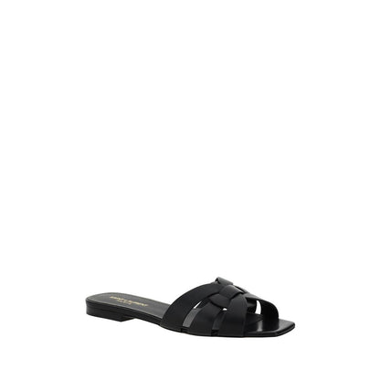 Saint Laurent Black Calf Leather Bos Taurus Flat Sandals